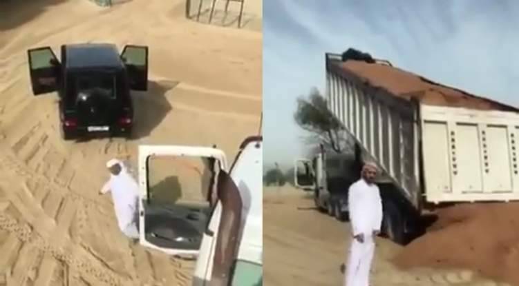 فيديو ولي عهد دبي يسحب شاحنة علقت في الرمال يشعل مواقع التواصل