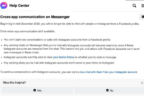 حسب بيانًا رسميًا أصدرته ميتا عن إيقاف ربط التراسل بين فيسبوك ماسنجر وإنستجرام
